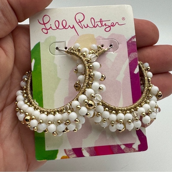 ✨ Lilly Pulitzer White Beaded Hoop Earrings Gold Tone Resort Jewelry 2” NWT - Picture 3 of 4